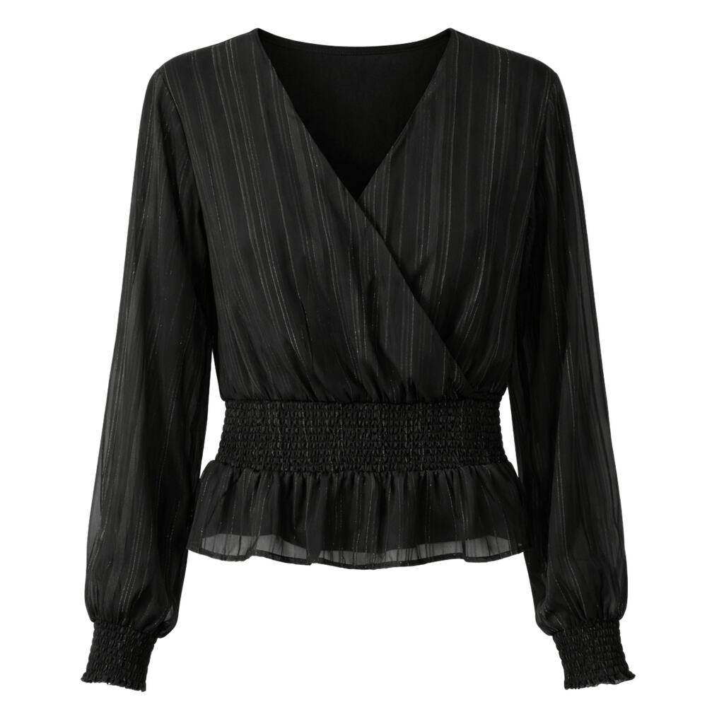 Japna Top Women's Sz Large Black Striped Long Sleeve V-Neck Blouse